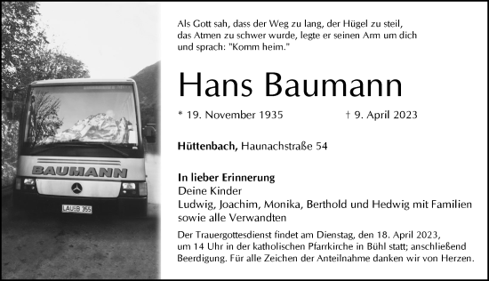 Traueranzeige von Hans Baumann von Pegnitz-Zeitung