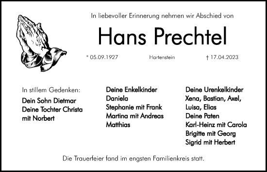 Traueranzeige von Hans Prechtel von Hersbrucker Zeitung Lokal
