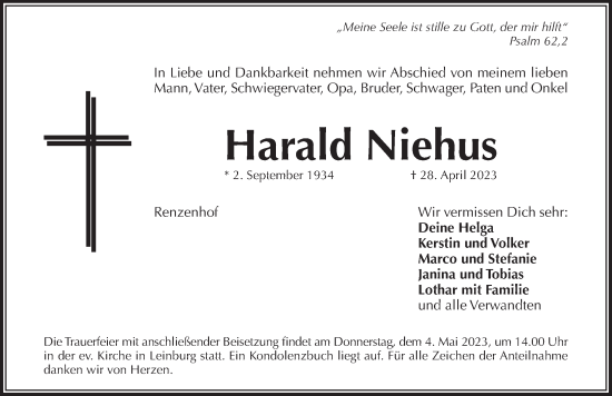 Traueranzeige von Harald Niehus von Pegnitz-Zeitung