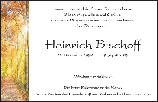 Traueranzeige von Heinrich Bischoff von Hersbrucker Zeitung Lokal