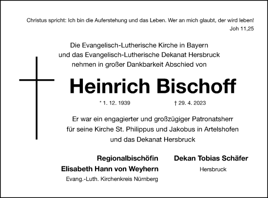Traueranzeige von Heinrich Bischoff von Hersbrucker Zeitung Lokal