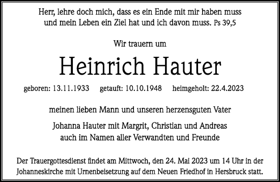 Traueranzeige von Heinrich Hauter von Hersbrucker Zeitung Lokal