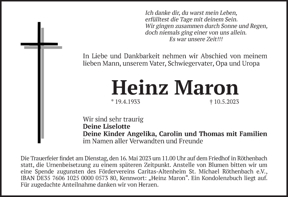  Traueranzeige für Heinz Maron vom 13.05.2023 aus Pegnitz-Zeitung