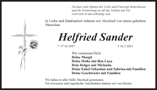 Traueranzeige von Helfried Sander von Pegnitz-Zeitung