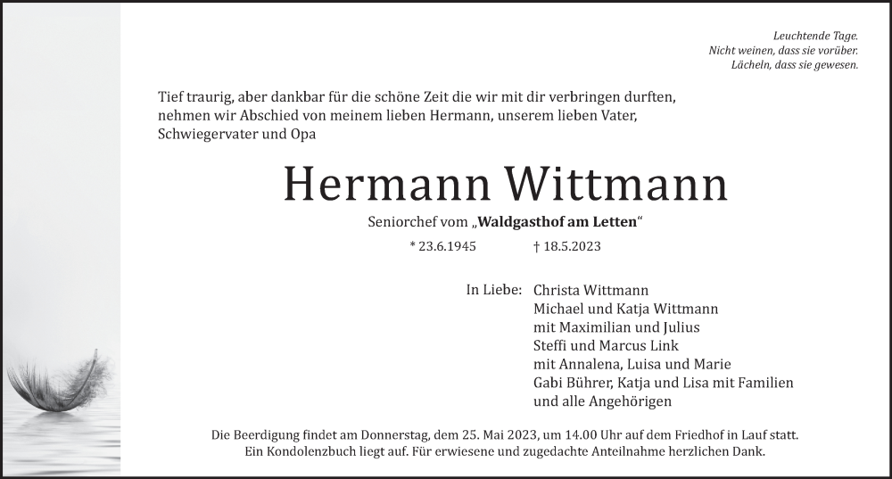  Traueranzeige für Hermann Wittmann vom 24.05.2023 aus Pegnitz-Zeitung