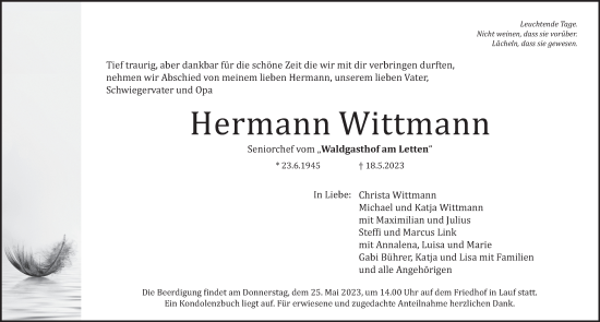 Traueranzeige von Hermann Wittmann von Pegnitz-Zeitung
