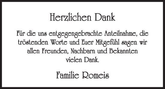 Traueranzeige von Herzlichen Dank Romeis von Der Bote
