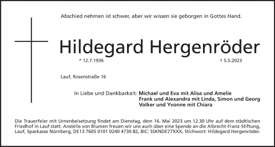 Traueranzeige von Hildegard Hergenröder von Pegnitz-Zeitung