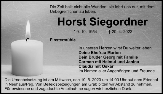 Traueranzeige von Horst Siegordner von Hersbrucker Zeitung Lokal