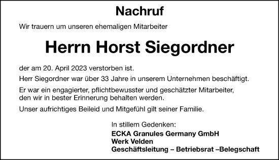 Traueranzeige von Horst Siegordner von Hersbrucker Zeitung Lokal