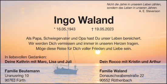 Traueranzeige von Ingo Waland von Hersbrucker Zeitung Lokal