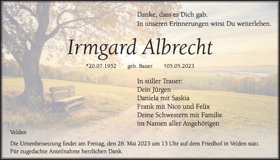 Traueranzeige von Irmgard Albrecht von Hersbrucker Zeitung Lokal