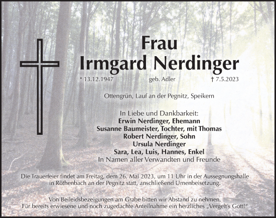 Traueranzeige von Irmgard Nerdinger von Pegnitz-Zeitung