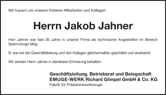 Traueranzeige von Jakob Jahner von Pegnitz-Zeitung