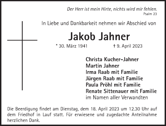 Traueranzeige von Jakob Jahner von Pegnitz-Zeitung
