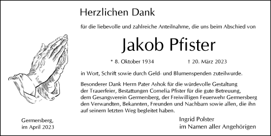 Traueranzeige von Jakob Pfister von Pegnitz-Zeitung