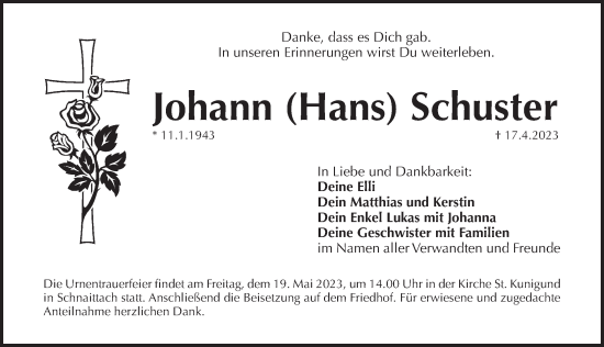 Traueranzeige von Johann Schuster von Pegnitz-Zeitung