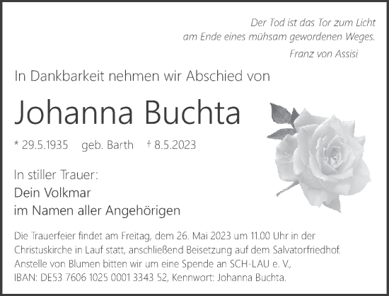 Traueranzeige von Johanna Buchta von Pegnitz-Zeitung