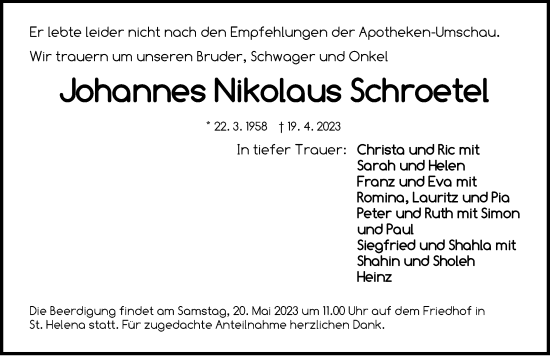 Traueranzeige von Johannes Nikolaus Schroetel von Pegnitz-Zeitung