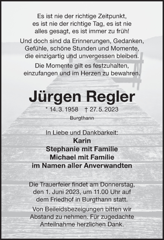 Traueranzeige von Jürgen Regler von Der Bote