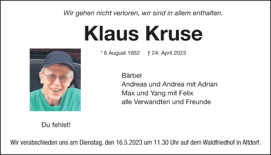 Traueranzeige von Klaus Kruse von Der Bote