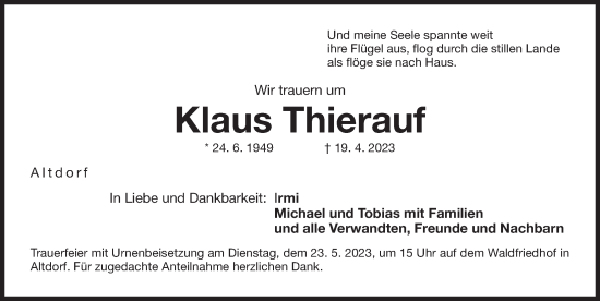 Traueranzeige von Klaus Thierauf von Der Bote