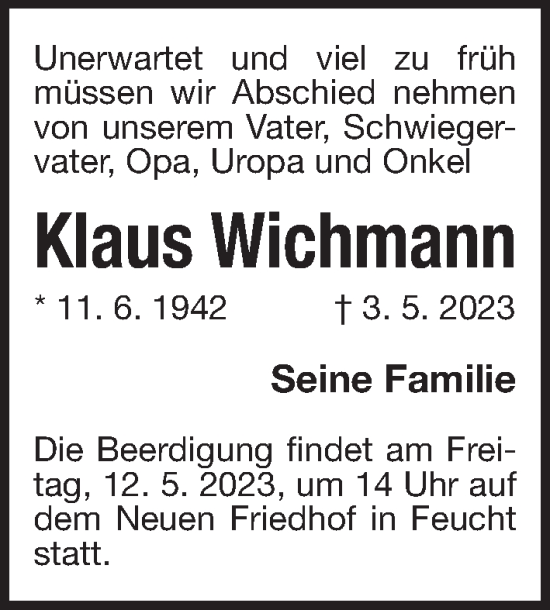 Traueranzeige von Klaus Wichmann von Der Bote
