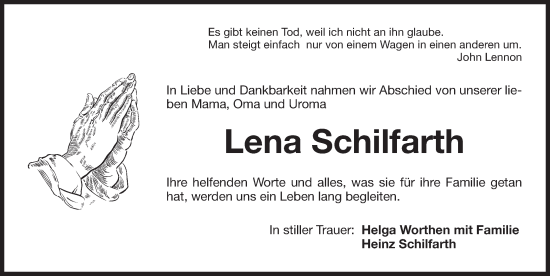 Traueranzeige von Lena Schilfarth von Der Bote