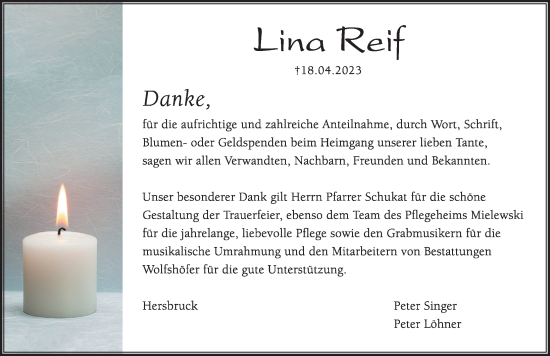 Traueranzeige von Lina Reif von Hersbrucker Zeitung Lokal