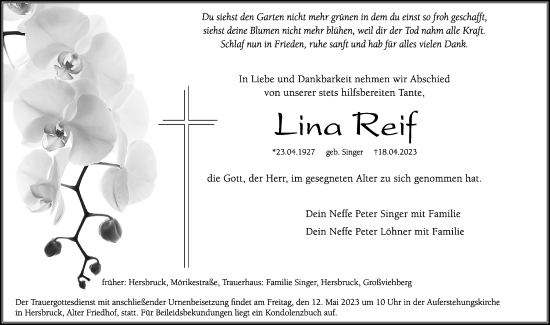 Traueranzeige von Lina Reif von Hersbrucker Zeitung Lokal