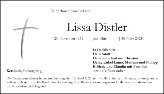 Traueranzeige von Lissa Distler von Pegnitz-Zeitung