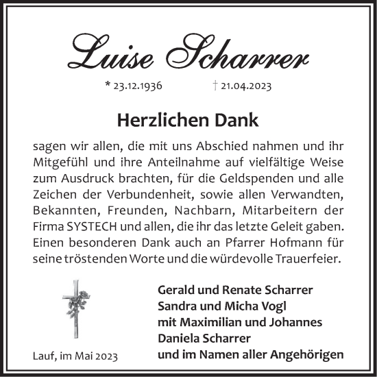 Traueranzeige von Luise Scharrer von Pegnitz-Zeitung