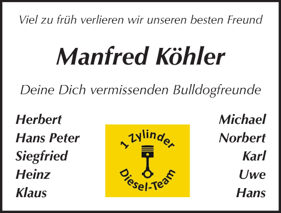 Traueranzeige von Manfred Köhler von Pegnitz-Zeitung
