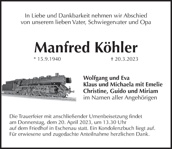 Traueranzeige von Manfred Köhler von Pegnitz-Zeitung