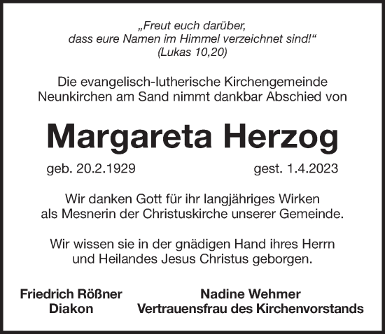 Traueranzeige von Margareta Herzog von Pegnitz-Zeitung