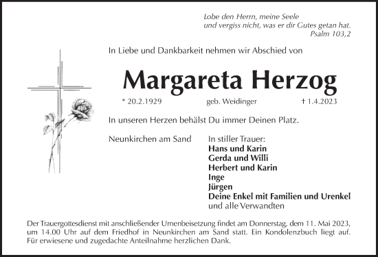Traueranzeige von Margareta Herzog von Pegnitz-Zeitung