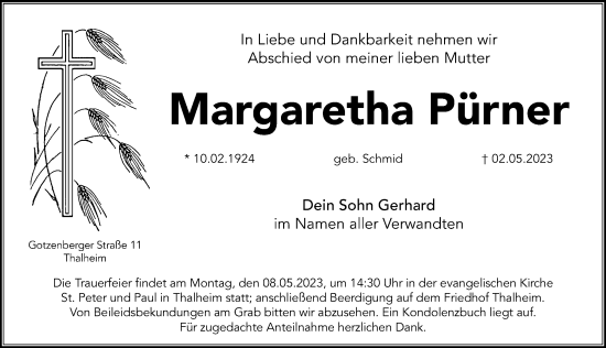 Traueranzeige von Margaretha Pürner von Hersbrucker Zeitung Lokal