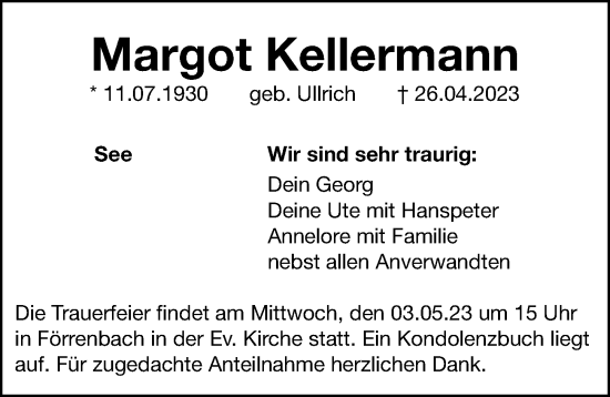 Traueranzeige von Margot Kellermann von Hersbrucker Zeitung Lokal