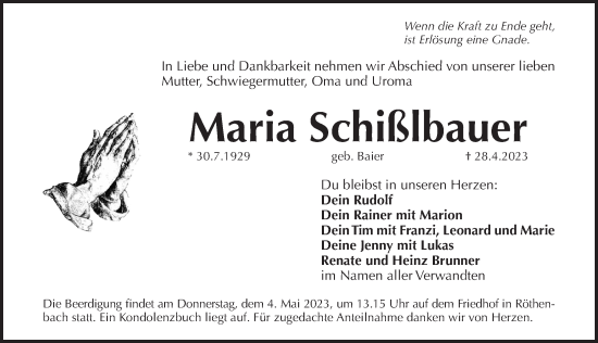 Traueranzeige von Maria Schißlbauer von Pegnitz-Zeitung