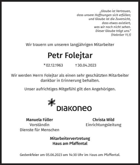 Traueranzeige von Petr Folejtar von Der Bote