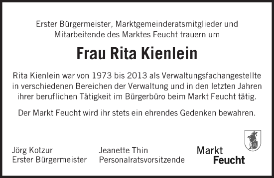 Traueranzeige von Rita Kienlein von Der Bote