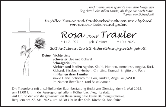 Traueranzeige von Rosa Träxler von Pegnitz-Zeitung