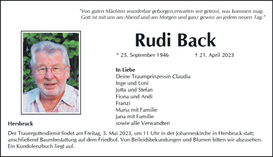 Traueranzeige von Rudi Back von Hersbrucker Zeitung Lokal