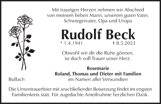 Traueranzeige von Rudolf Beck von Pegnitz-Zeitung