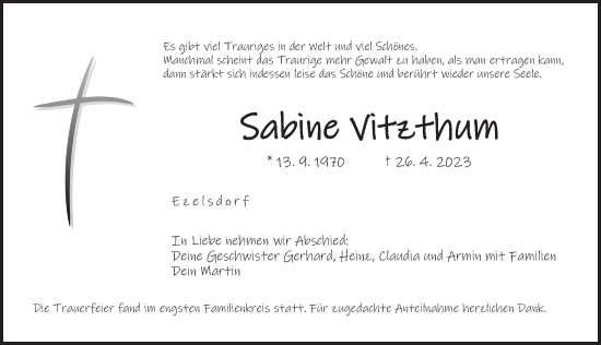 Traueranzeige von Sabine Vitzthum von Der Bote