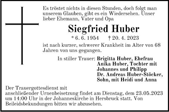 Traueranzeige von Siegfried Huber von Hersbrucker Zeitung Lokal