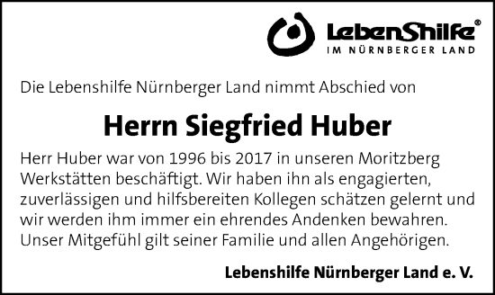 Traueranzeige von Siegfried Huber von Hersbrucker Zeitung Lokal