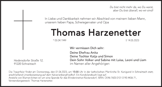 Traueranzeige von Thomas Harzenetter von Pegnitz-Zeitung
