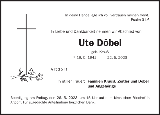 Traueranzeige von Ute Döbel von Der Bote