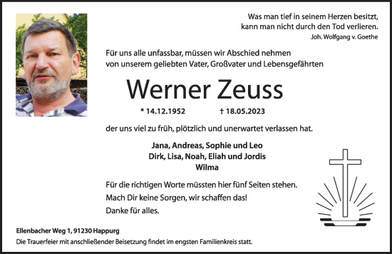 Traueranzeige von Werner Zeuss von Hersbrucker Zeitung Lokal